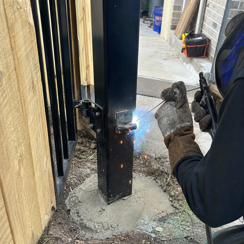 professional performing metal gate hinge welding repair