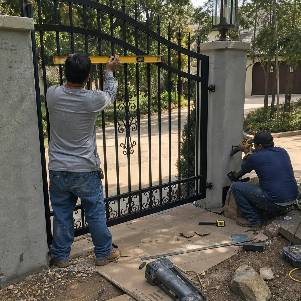 Two technicians professionally installing a black wrought iron driveway gate.