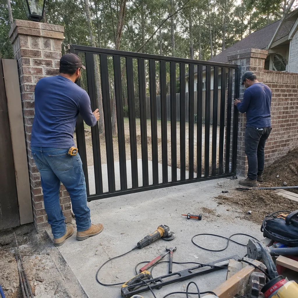 Two contractors performing professional driveway gate installation.