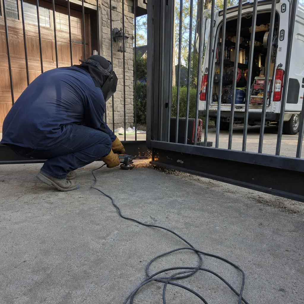 Technician using an angle grinder for professional metal gate repair service