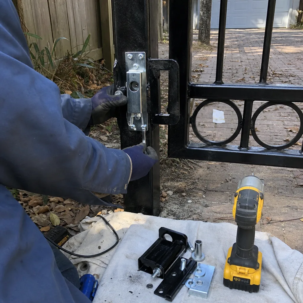 Technician performing professional gate lock repair and installation on metal driveway gate