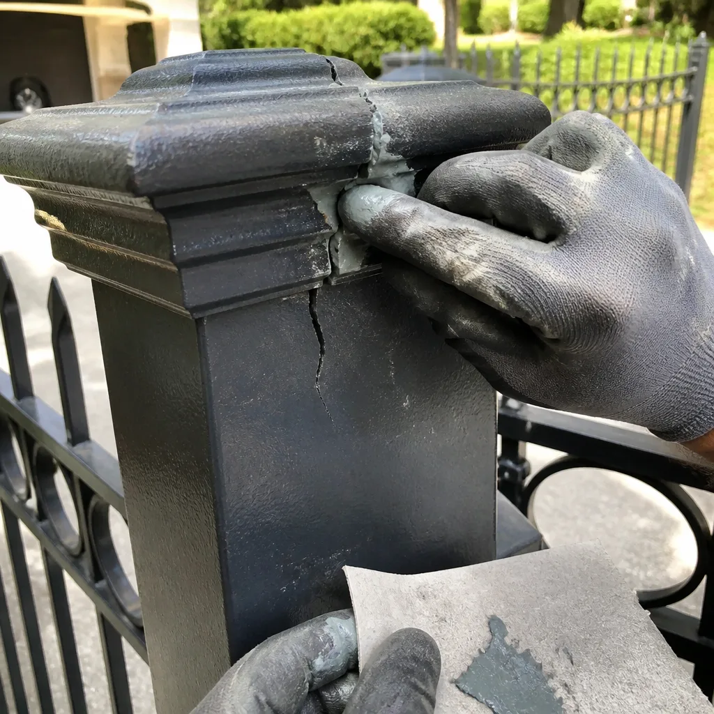 Worker repairing a crack on a decorative metal gate post